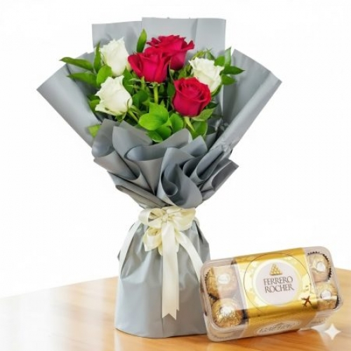 Kırmızı & Beyaz Gül ve Ferrero Çikolata Kutusu